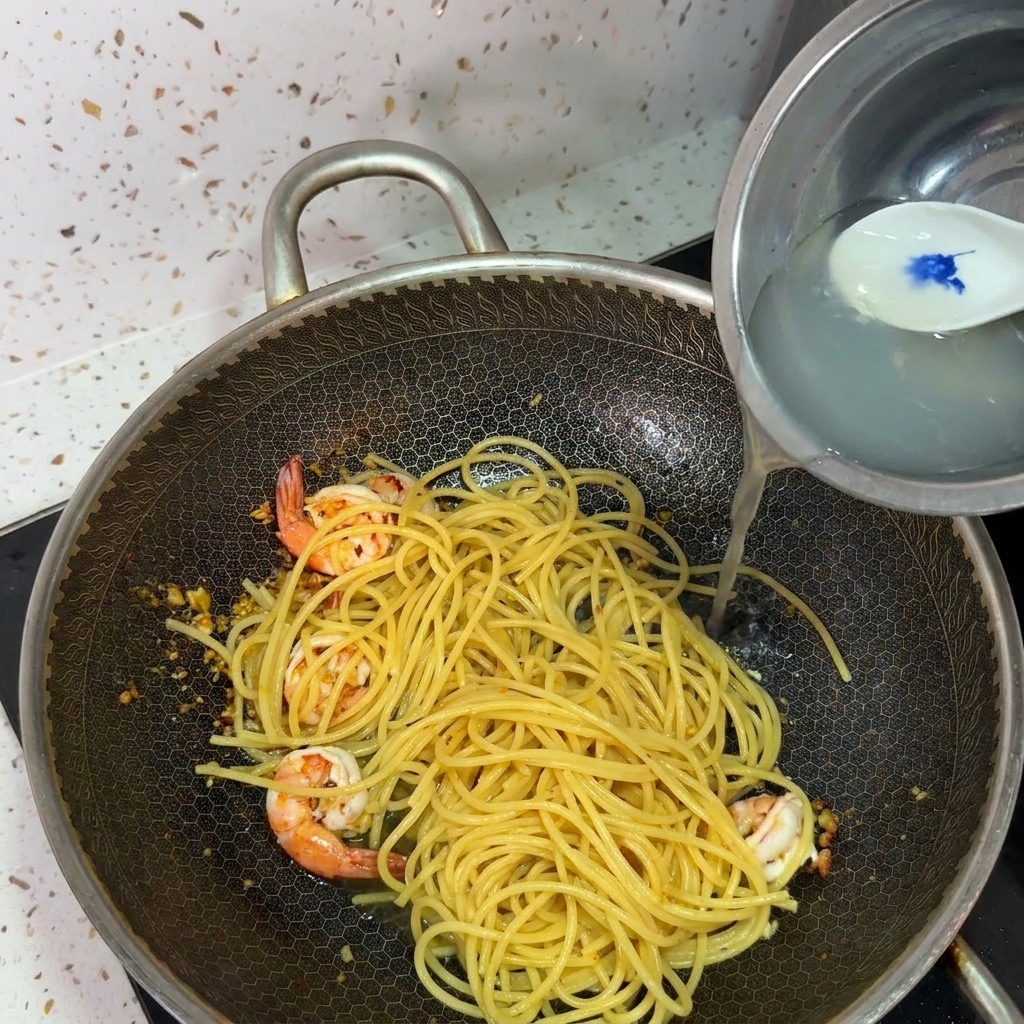 Stärkehaltiges Nudelwasser wird in den Wok mit Pasta und Garnelen gegossen.