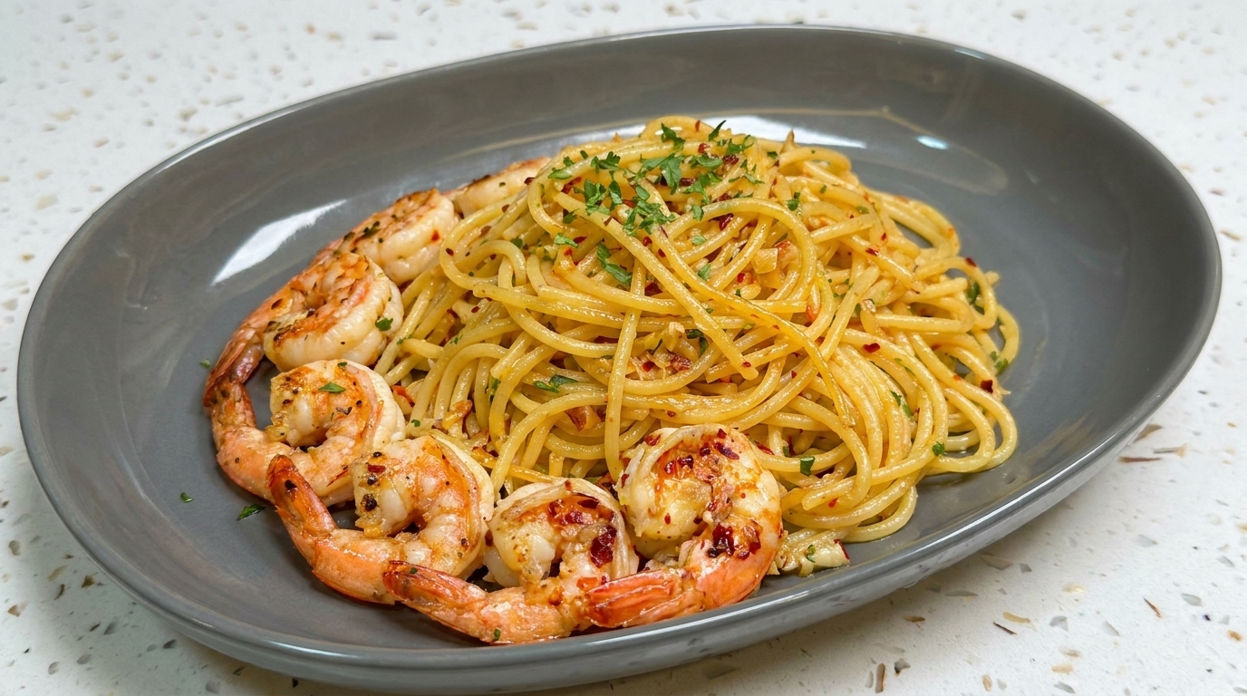 Knoblauch-Butter Seafood Aglio Olio mit Garnelen
