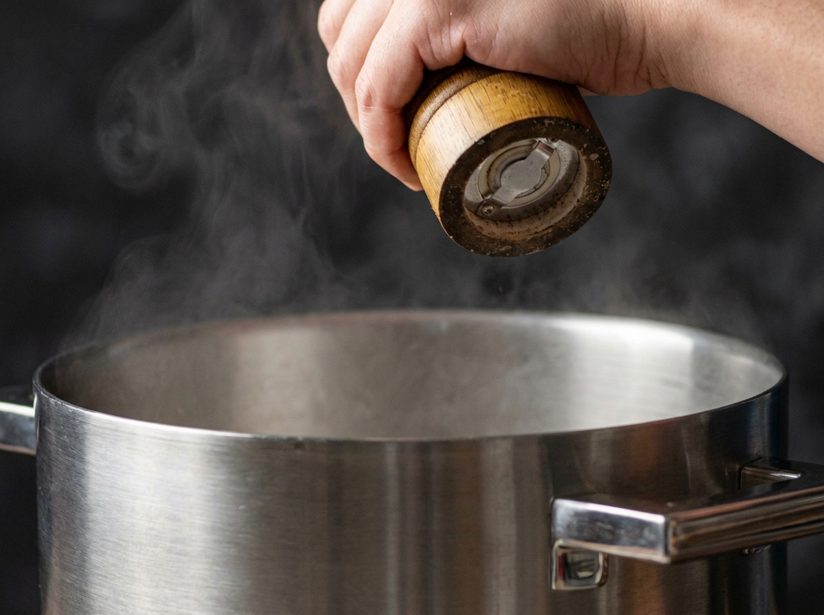 Eine Hand dreht eine Salzmühle über einem dampfenden Edelstahltopf mit kochendem Wasser.