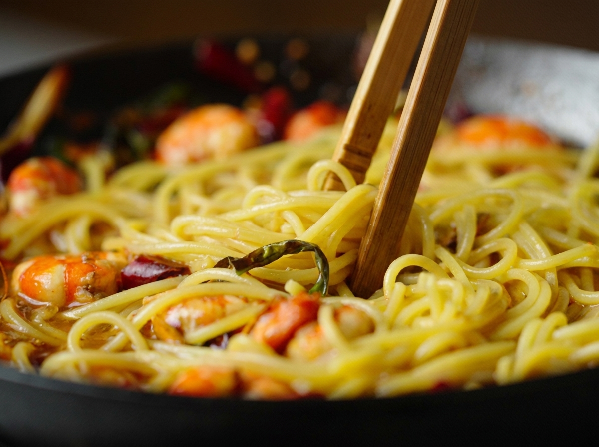 Holzstäbchen schwenken Spaghetti mit Garnelen und Chilis in einer Pfanne.