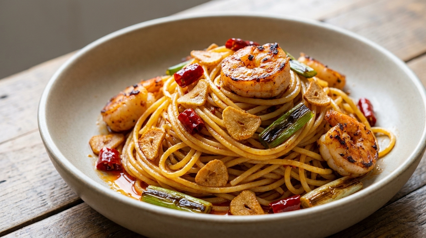 Spaghetti in Garnelenöl mit Knoblauch und gerösteten Frühlingszwiebeln