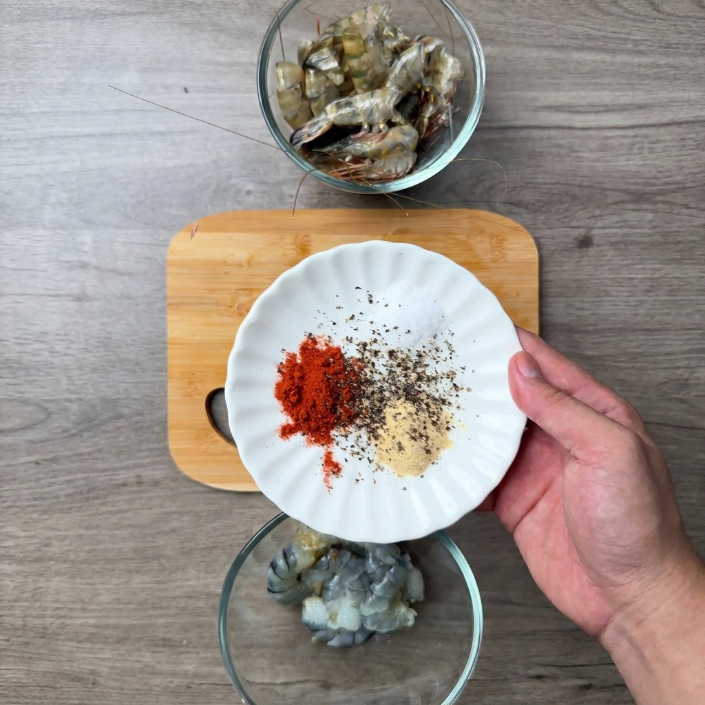 Eine Hand streut Gewürze über eine Schüssel mit Garnelen.