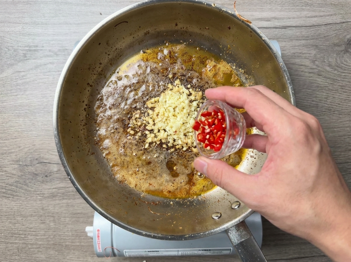 Chiliflocken werden zum Knoblauch in die Pfanne gegeben.