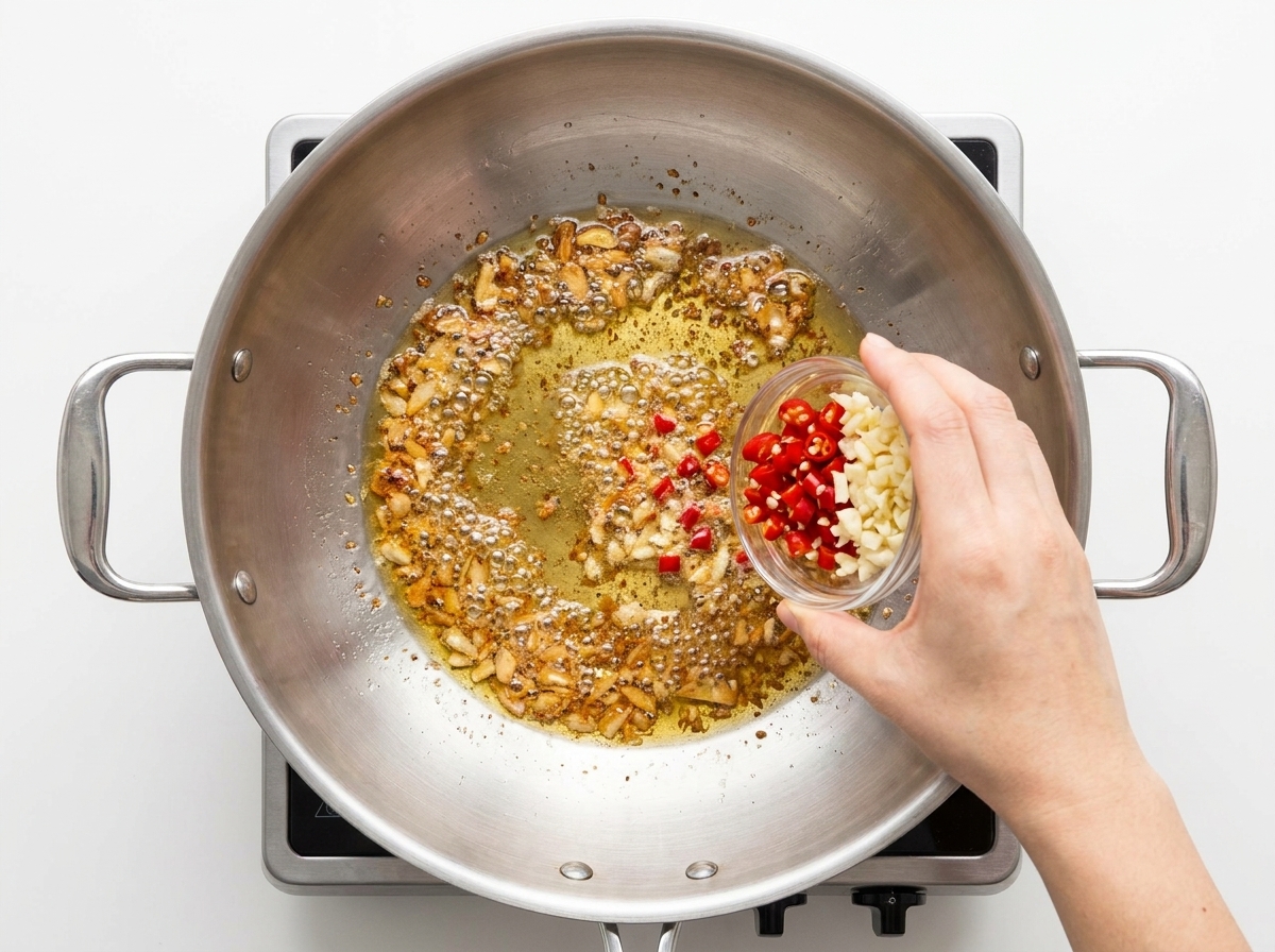 Knoblauch und Chili brutzeln in gewürztem Öl.