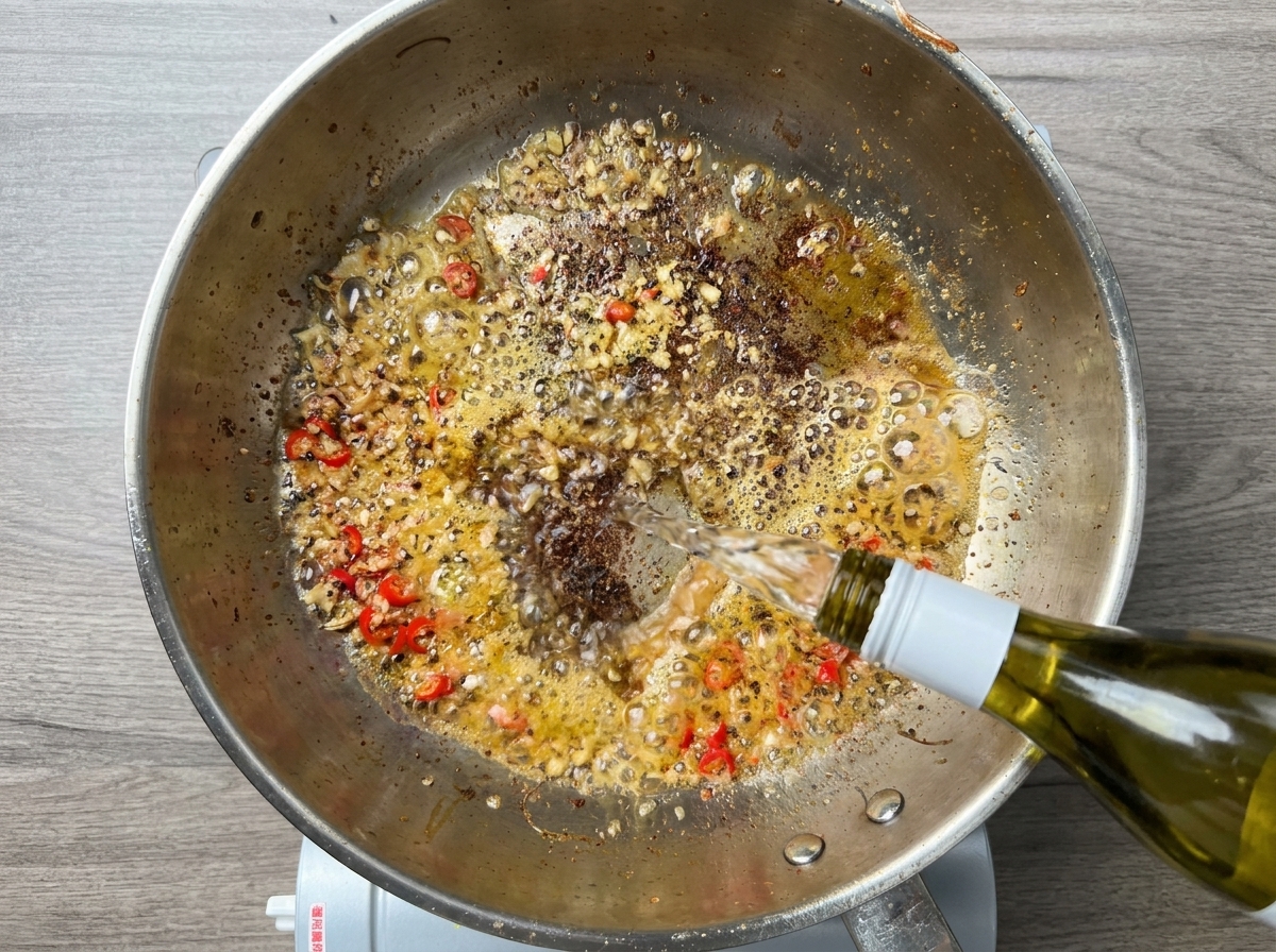 Weißwein wird aus einer Flasche in die Pfanne gegossen.