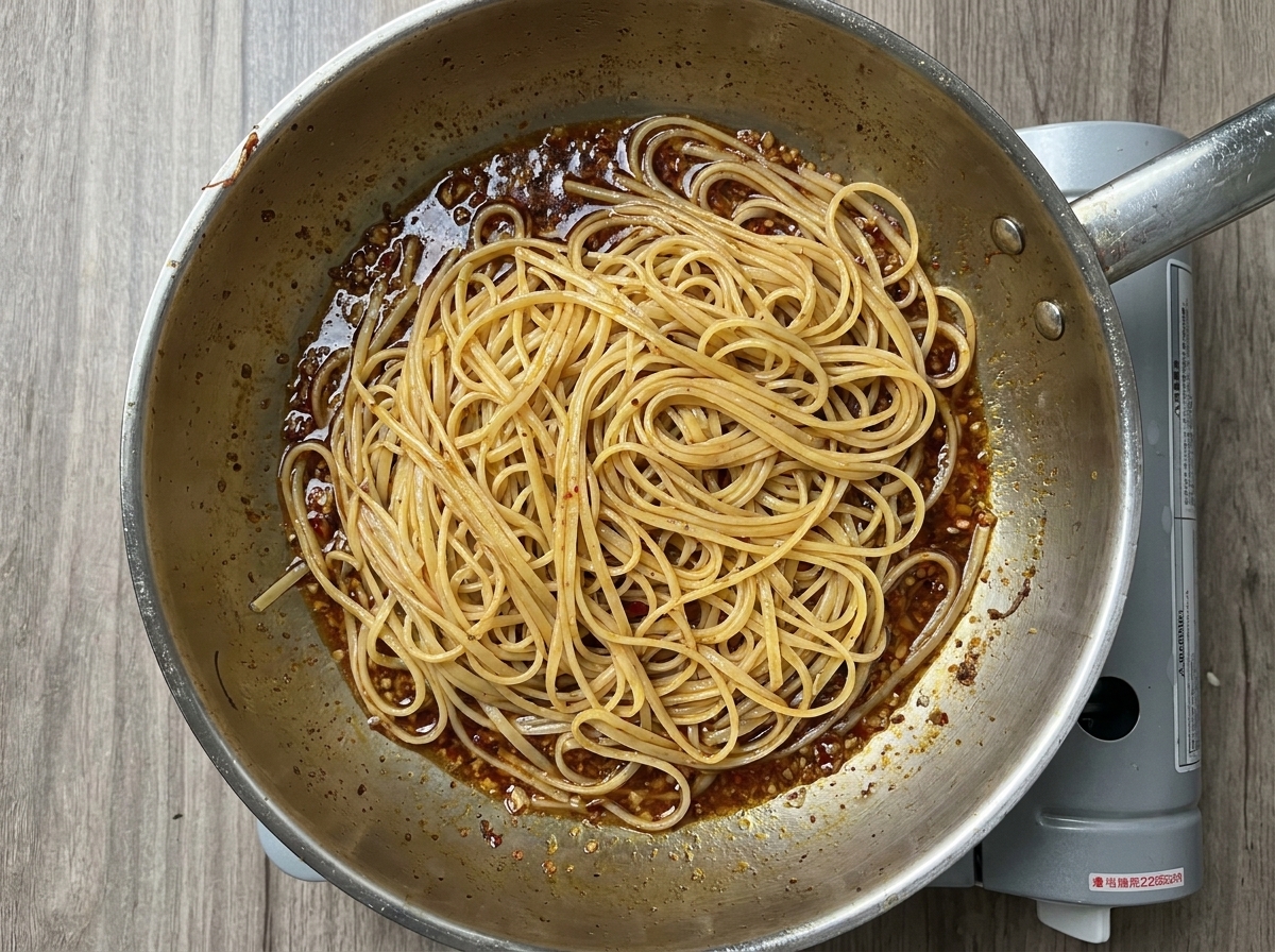 Linguine werden in die Pfanne mit der Sauce gegeben.