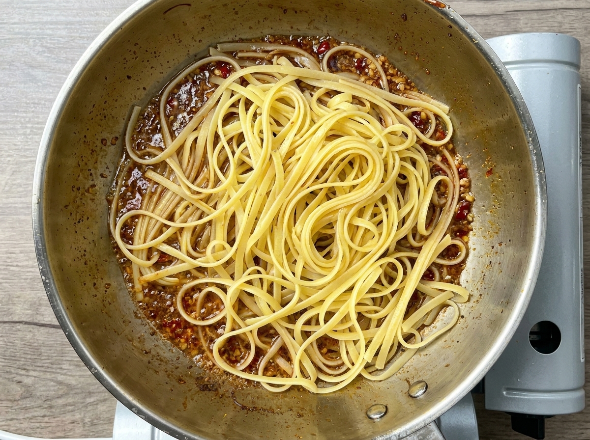 Linguine ruhen in der Pfanne über der Sauce.