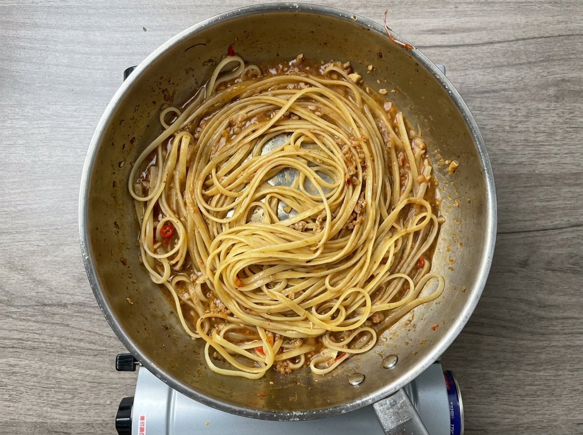 Linguine in glänzender Sauce in einer Pfanne.