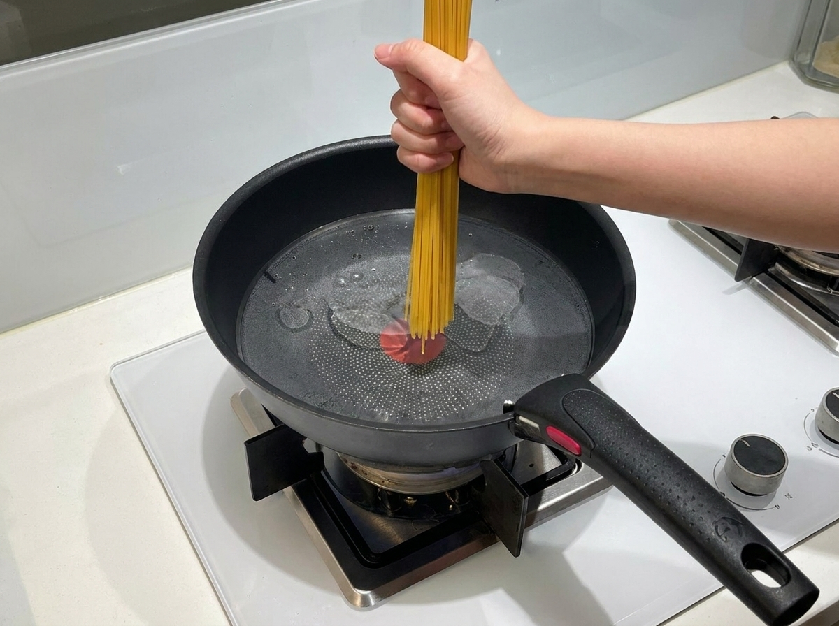 Eine Hand hält ein Bündel trockene Spaghetti vertikal und drückt sie in einen Topf mit kochendem Wasser.