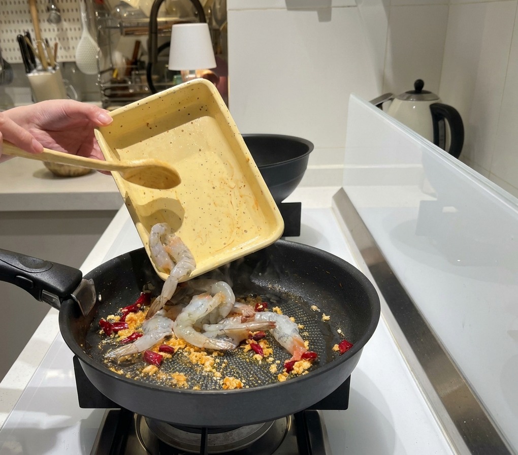Geschälte rohe Garnelen werden aus einer gelben Schale in die Pfanne mit Knoblauch und Chili gegeben.