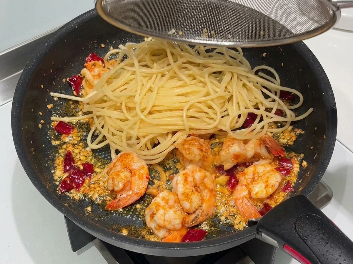Gekochte Spaghetti werden aus einem Sieb in die Pfanne zu den Garnelen, Knoblauch und Chili gegeben.