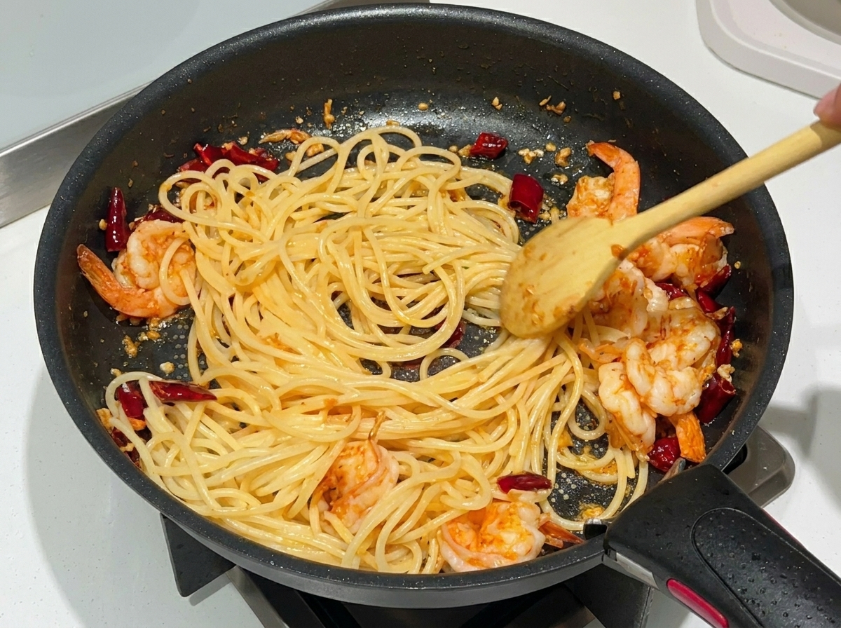 Spaghetti und Garnelen werden mit einem Holzlöffel in der Pfanne geschwenkt, um alles gleichmäßig zu verteilen.