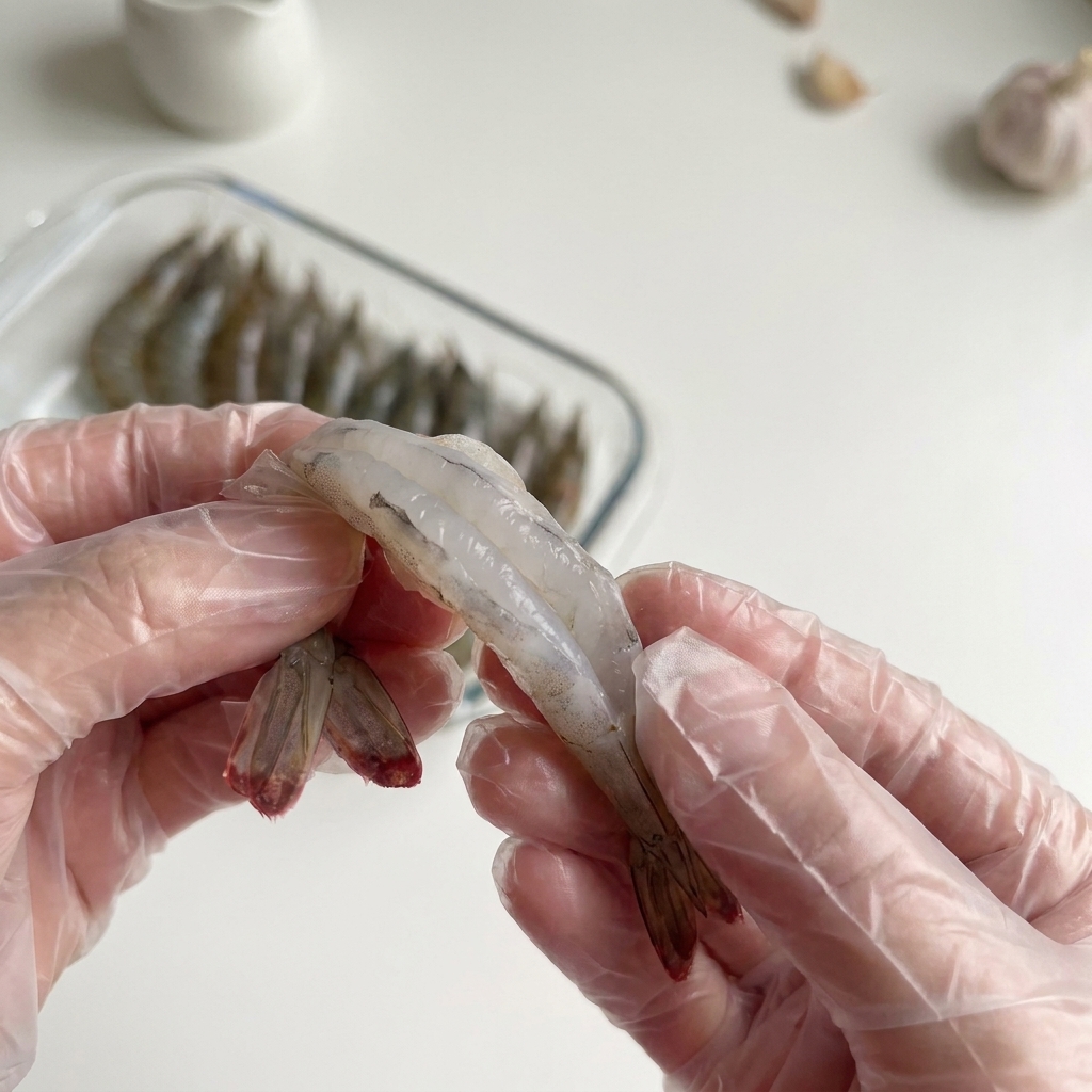 Hände mit Handschuhen schälen eine Garnele und entfernen den dunklen Darmfaden.