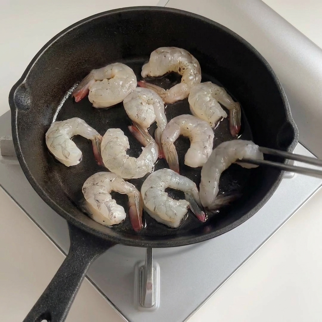 Eine Küchenzange legt gewürzte rohe Garnelen in eine gusseiserne Pfanne mit warmem Olivenöl.