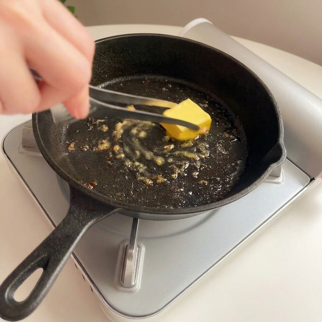 Ein Stück Butter wird mit einer Zange in die heiße gusseiserne Pfanne gegeben.