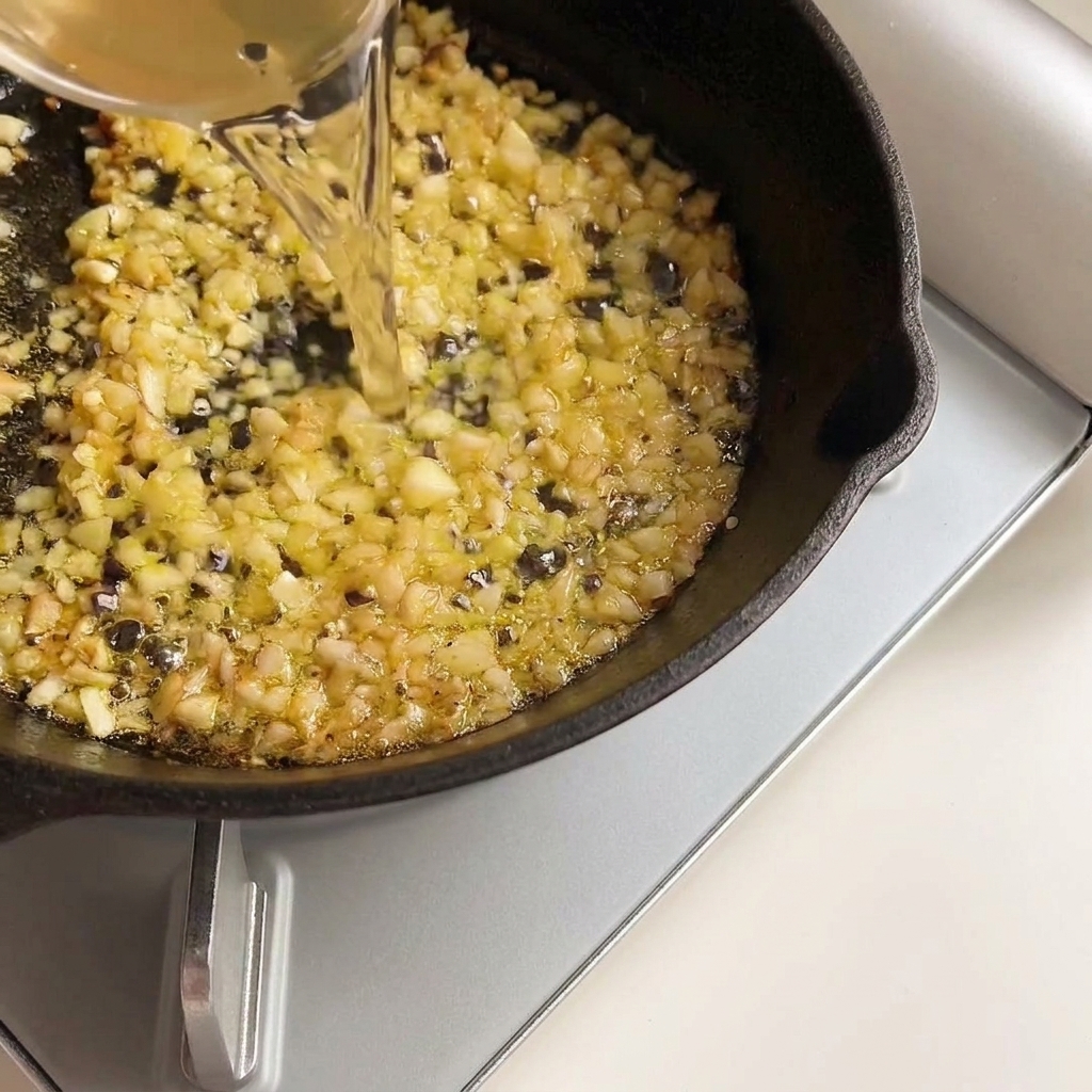 Klarer Weißwein wird zum angedünsteten Knoblauch in die Pfanne gegossen.