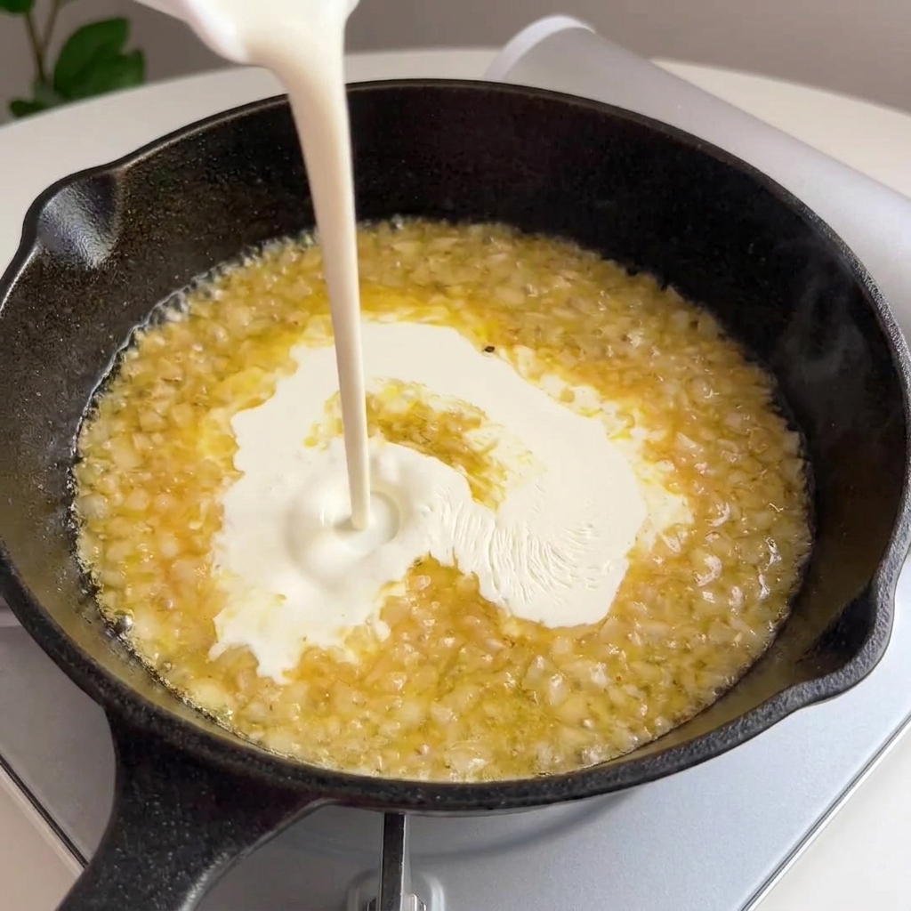 Weiße Sahne wird in die sprudelnde Wein-Knoblauch-Reduktion gegossen.