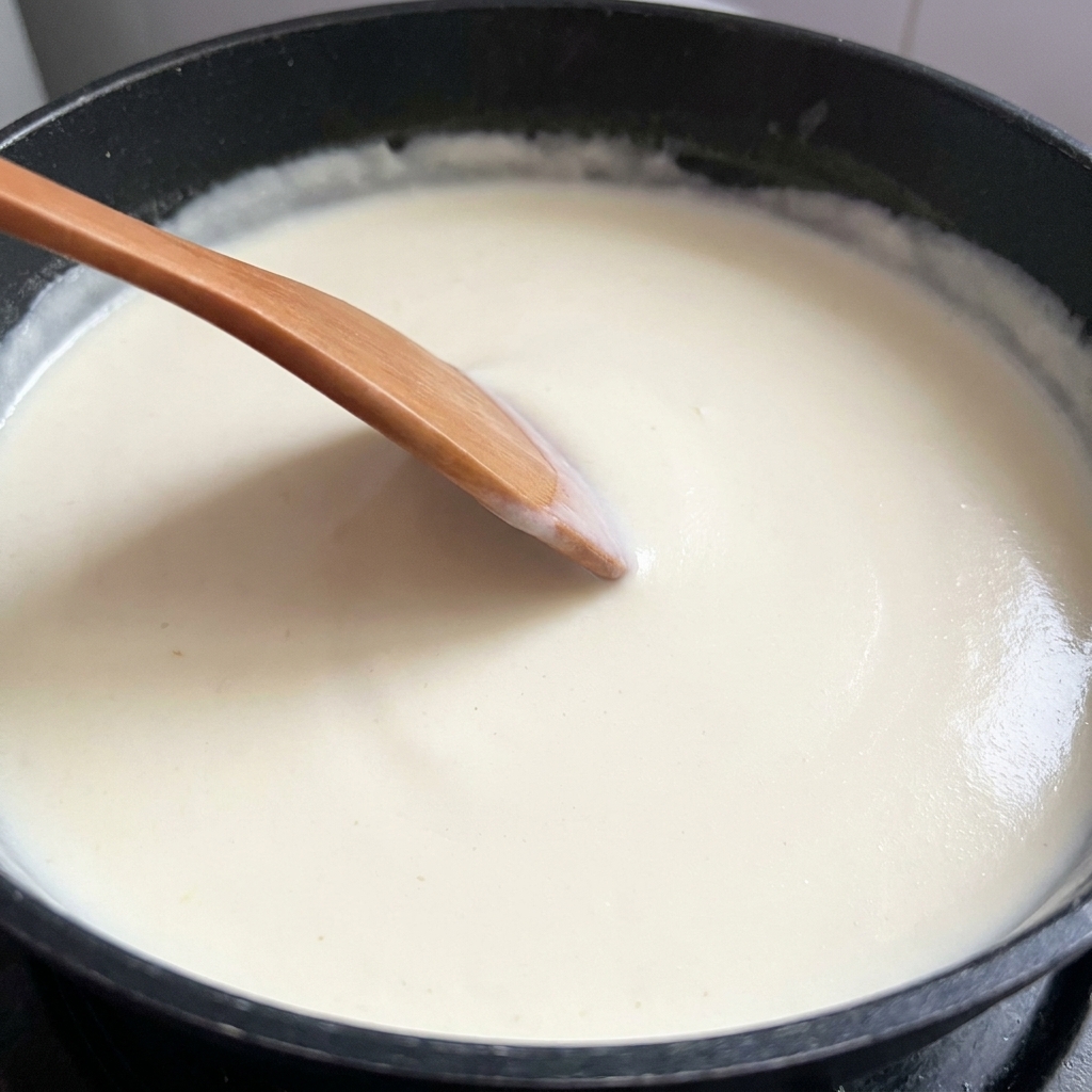 Eine cremige Pastasauce mit schwarzem Pfeffer wird mit einem Holzspatel umgerührt.