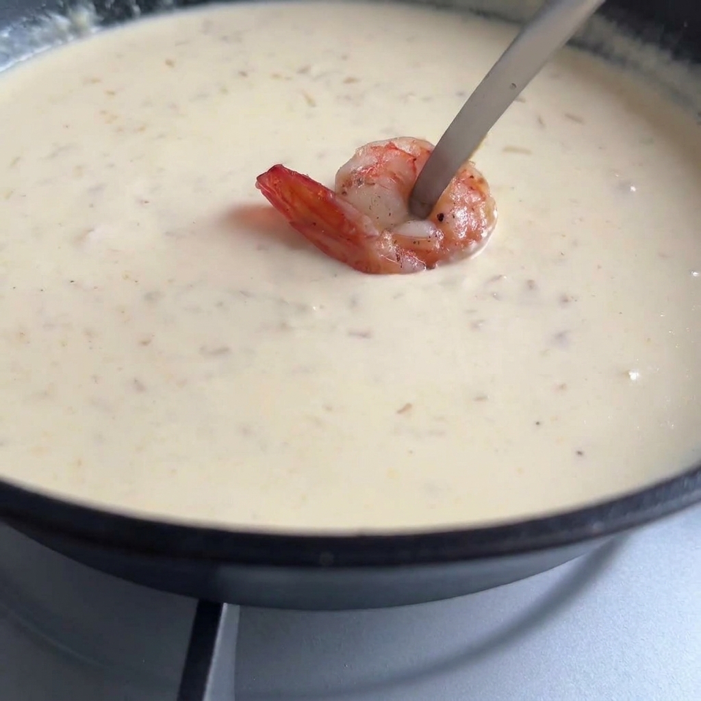Eine Küchenzange legt eine rosa Garnele zurück in die glatte, cremige Sahnesauce.