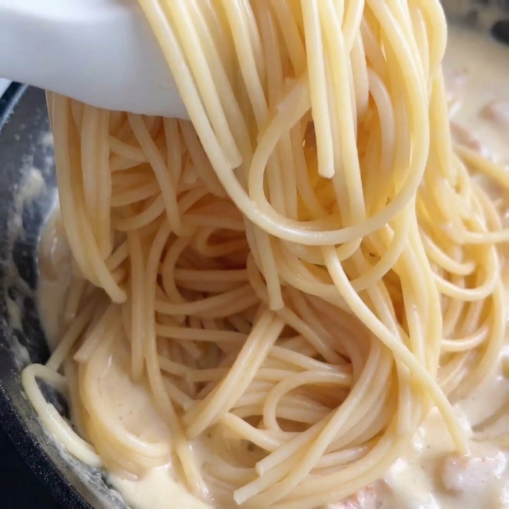 Weiße Zangen heben eine große Portion Spaghetti über die Pfanne mit der Sahnesauce.