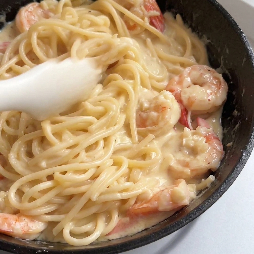 Spaghetti und Garnelen werden mit einer Silikon-Küchenzange in der Sahnesauce geschwenkt.