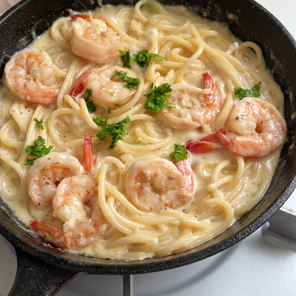Fertige Garnelen-Pasta in der Pfanne, garniert mit fein gehackter grüner Petersilie.