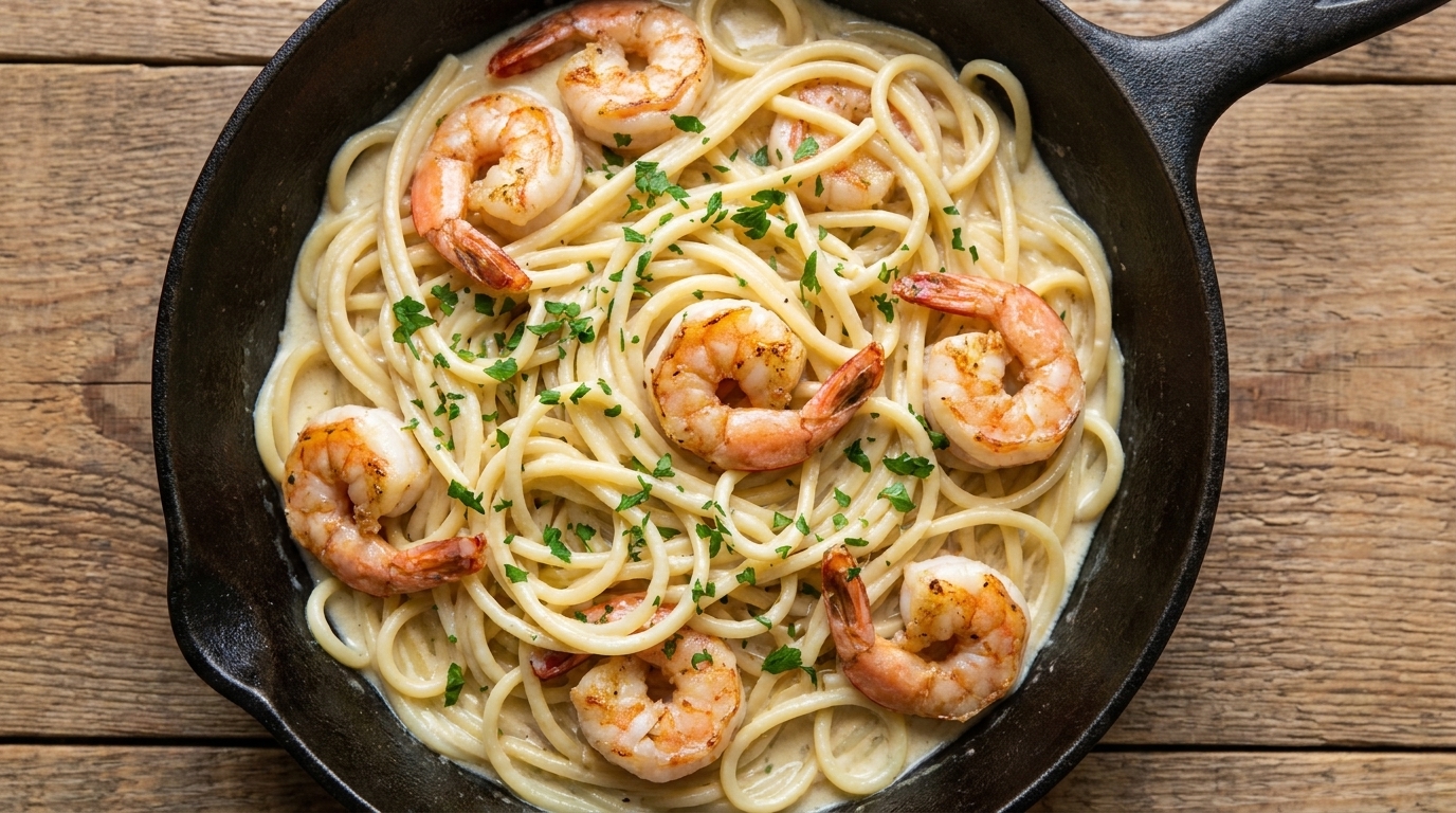Cremige Spaghetti mit Garnelen in Weißwein-Knoblauch-Sauce
