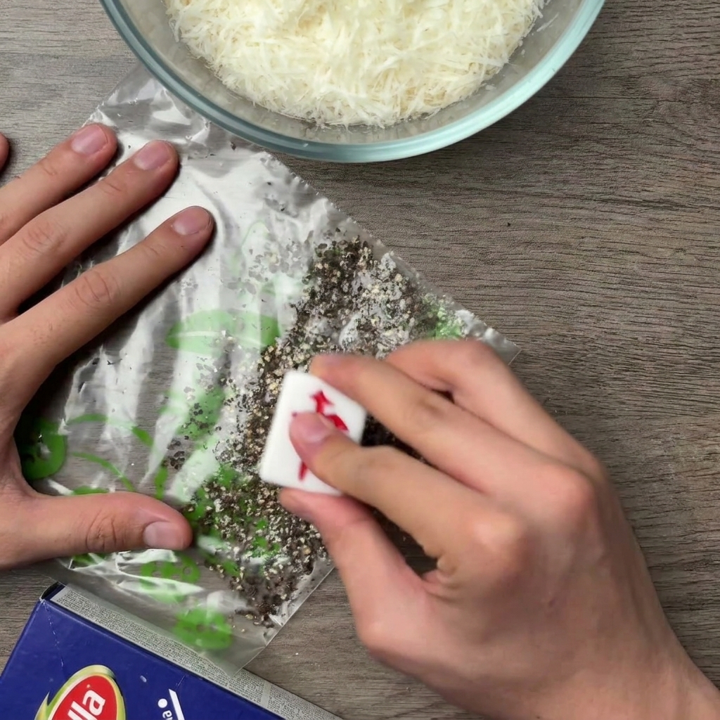 Hände drücken mit einem schweren Küchenwerkzeug nach unten, um schwarze Pfefferkörner in einem durchsichtigen Plastikbeutel mit Druckverschluss zu zerstoßen.