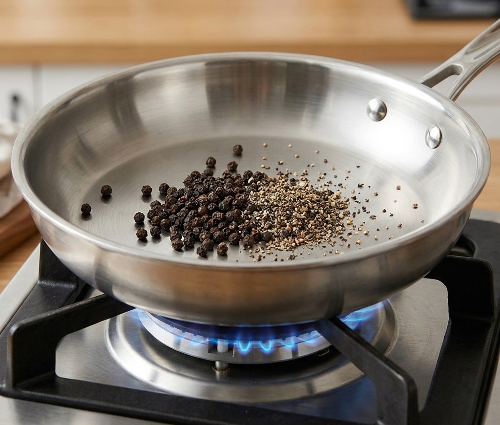 Grob zerstoßene schwarze Pfefferkörner werden in einer trockenen Edelstahlpfanne über einer blauen Gasflamme geröstet.
