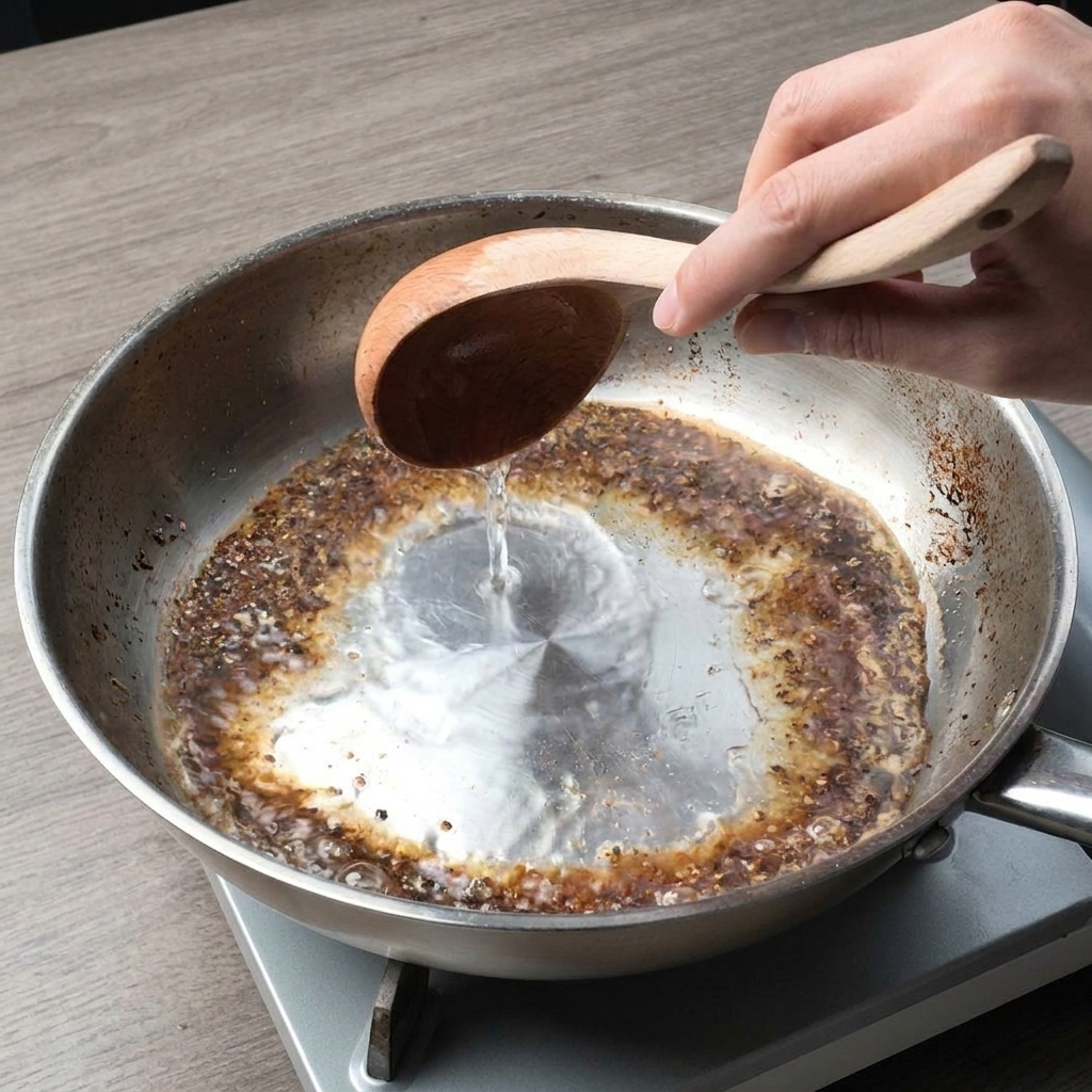 Eine Hand gießt mit einer Holzkelle heißes Wasser in eine Pfanne mit brutzelndem, geröstetem schwarzen Pfeffer.