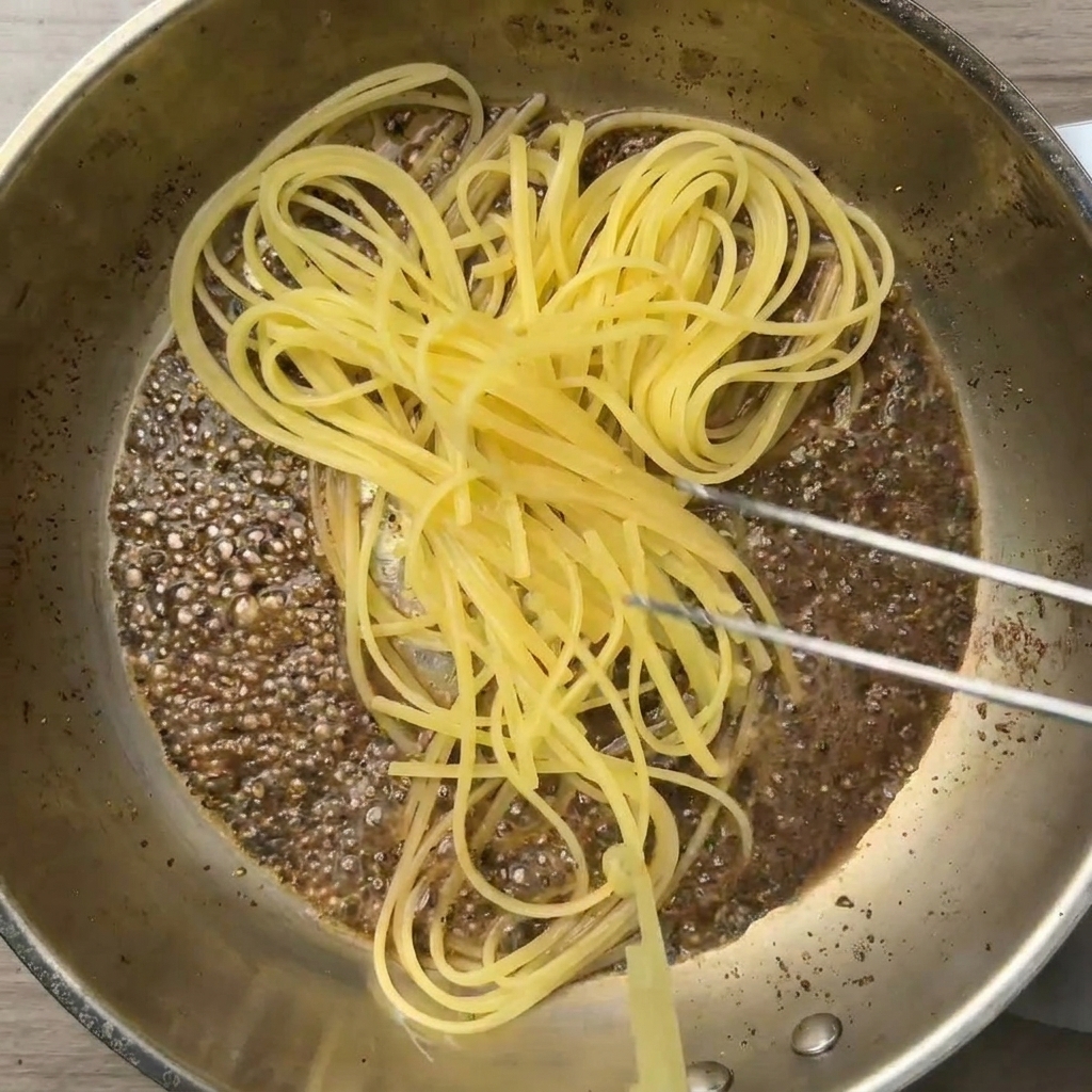 Eine Metallzange lässt halbgare Spaghetti in eine Edelstahlpfanne fallen, die mit dunklem, mit Pfeffer durchzogenem Wasser gefüllt ist.