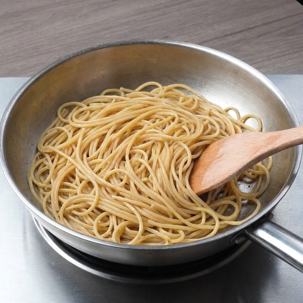 Spaghetti werden in einer Edelstahlpfanne mit einem Holzspatel aktiv umgerührt und geschwenkt.