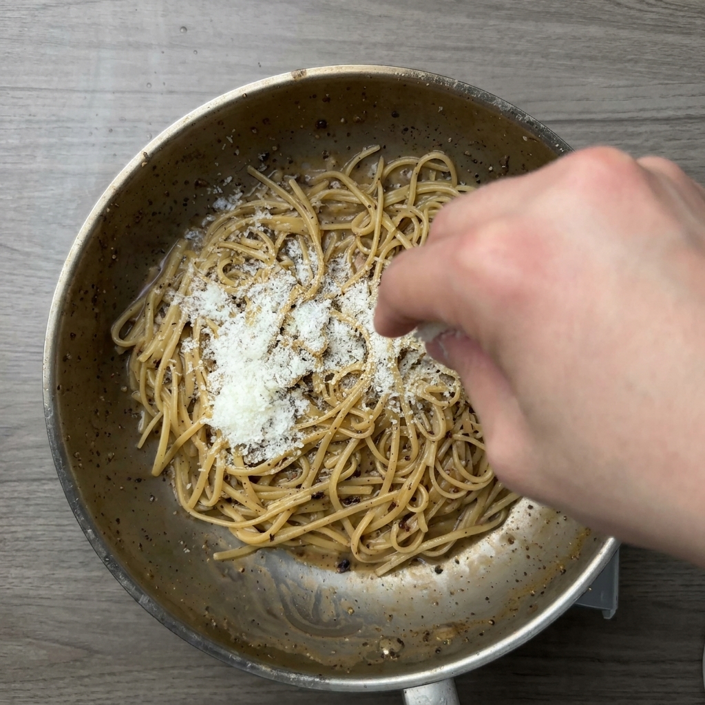 Eine Hand streut frisch geriebenen Käse über heiße, mit Pfeffer gesprenkelte Pasta in einer Metallpfanne.