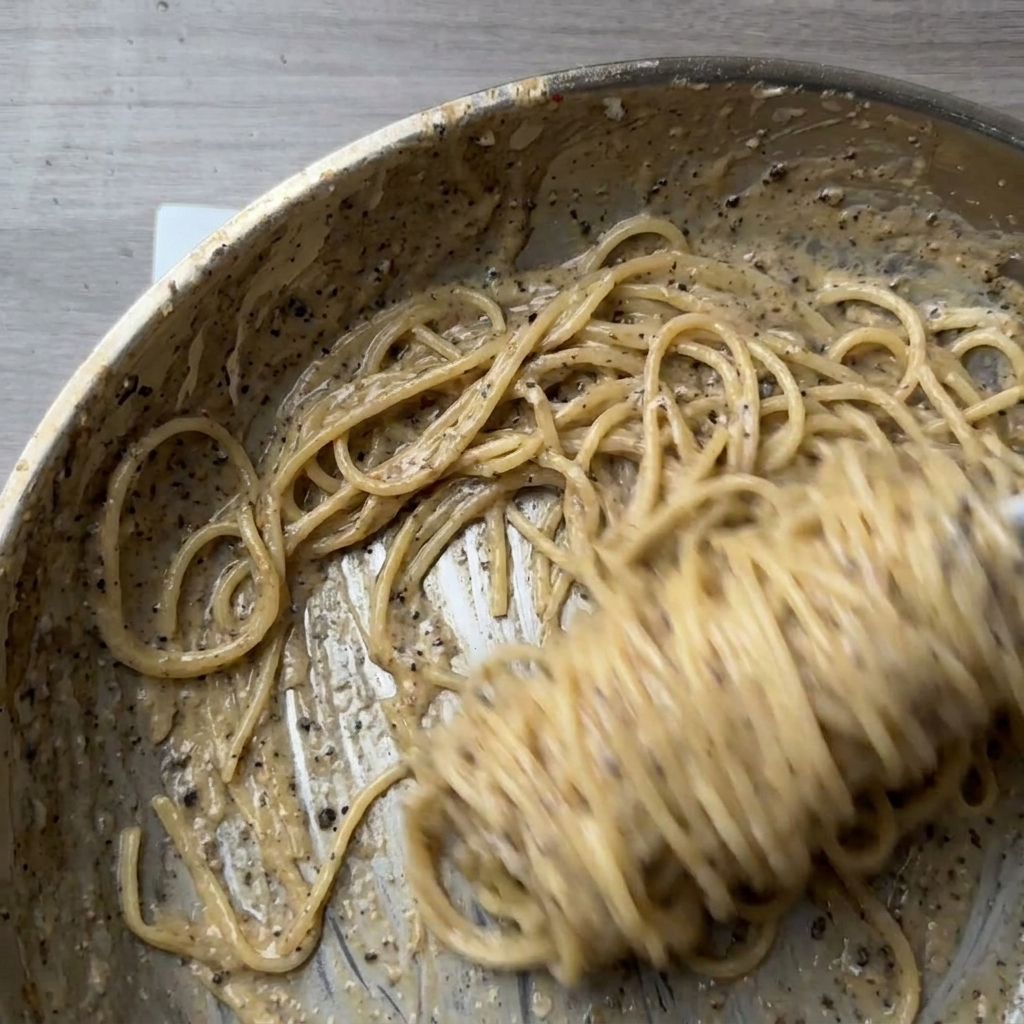 Spaghetti werden in einer Metallpfanne kräftig gedreht und gerührt, überzogen von einer dicken, cremigen Käsesauce, die stark mit schwarzem Pfeffer gesprenkelt ist.