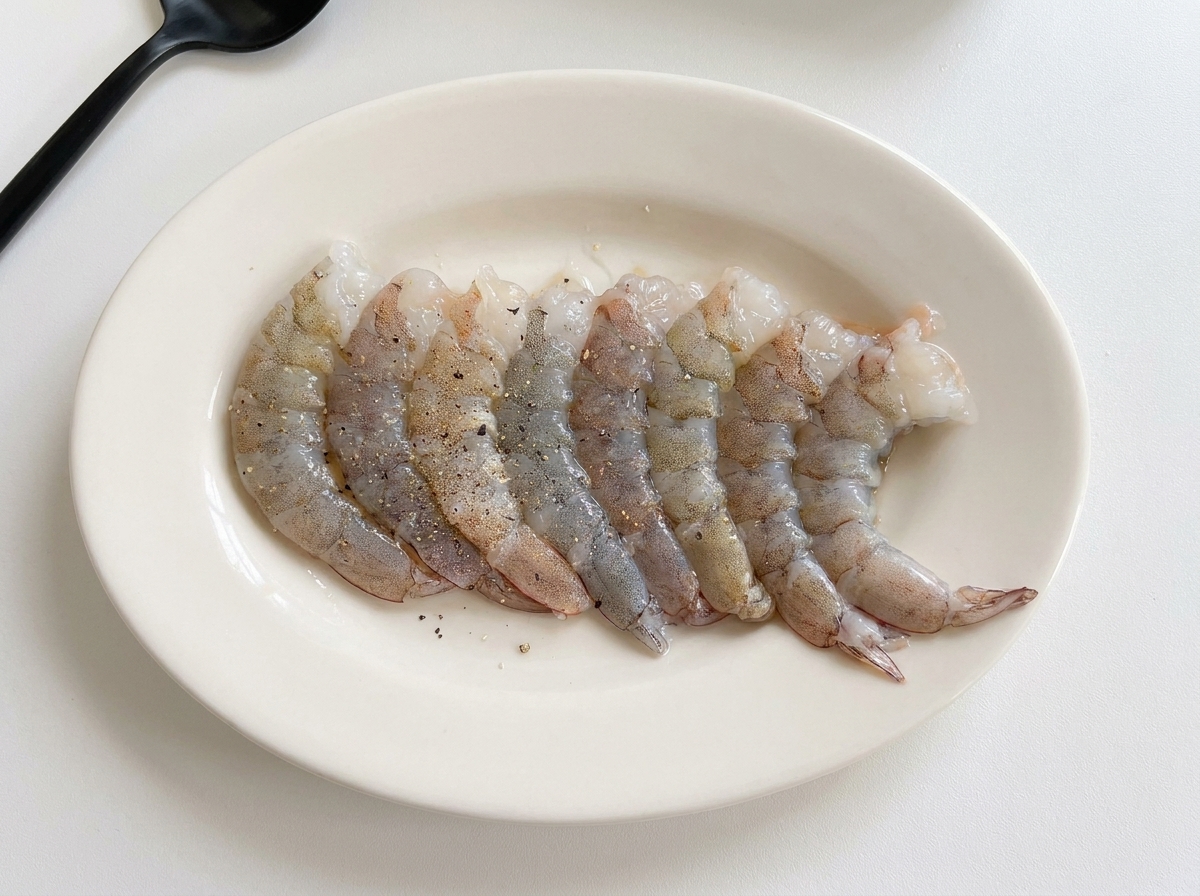 Rohe, geschälte Garnelen liegen auf einem weißen Teller und sind mit schwarzem Pfeffer bestreut.