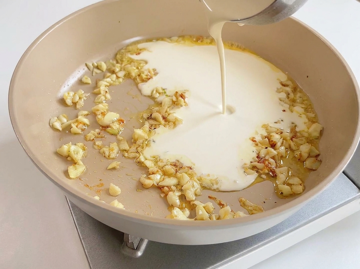 Flüssige Kochsahne wird aus einem kleinen Topf in die Pfanne mit dem Knoblauch gegossen.
