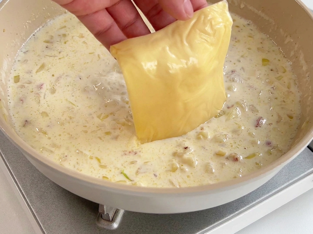 Eine Hand hält eine Scheibe Käse über die köchelnde Sahnesauce mit Knoblauch.
