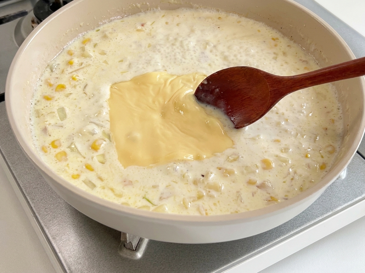 Ein Holzlöffel rührt eine schmelzende Käsescheibe in eine cremige Sauce ein.
