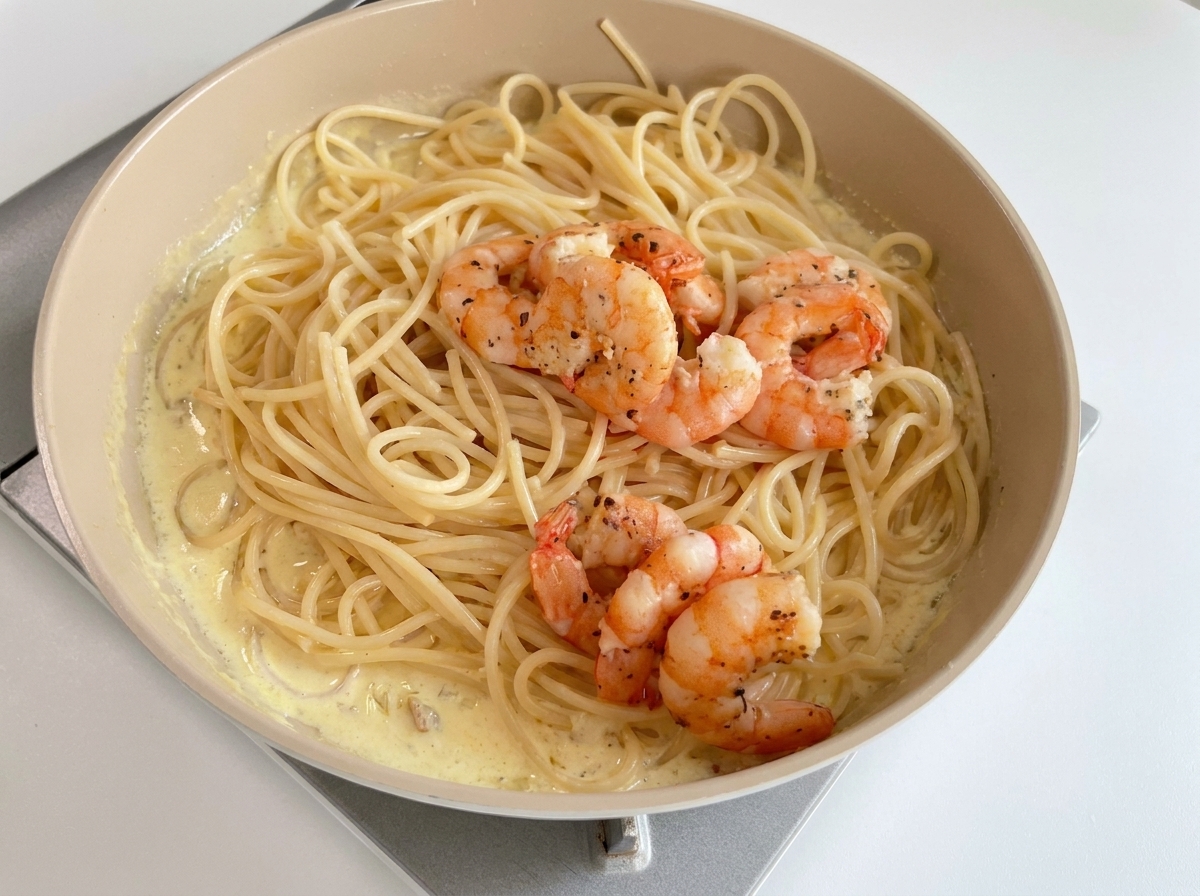 Gebratene Garnelen liegen auf den cremigen Spaghetti in der Pfanne.