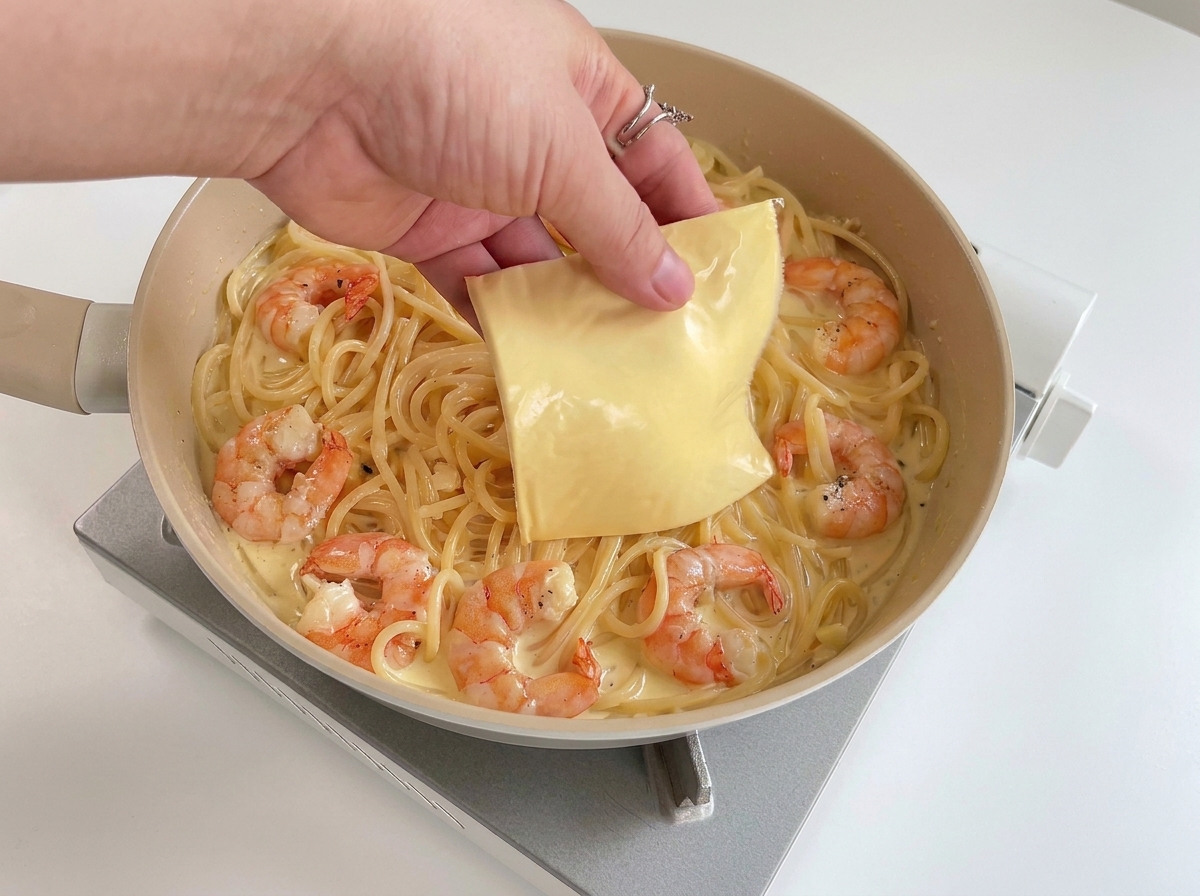 Eine Hand legt eine weitere Scheibe Käse auf die fertige Pasta in der Pfanne.