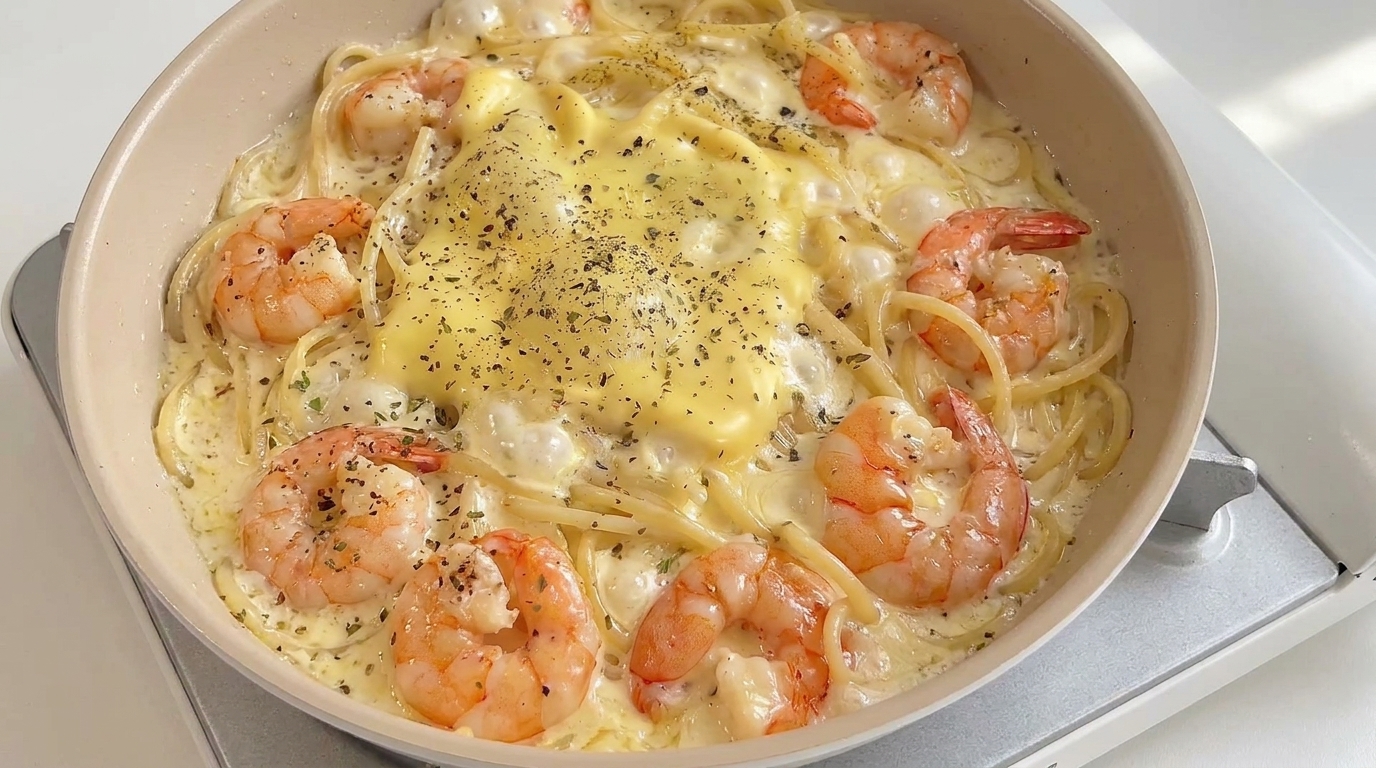 Cremige Knoblauch-Butter-Pasta mit Garnelen und Käse
