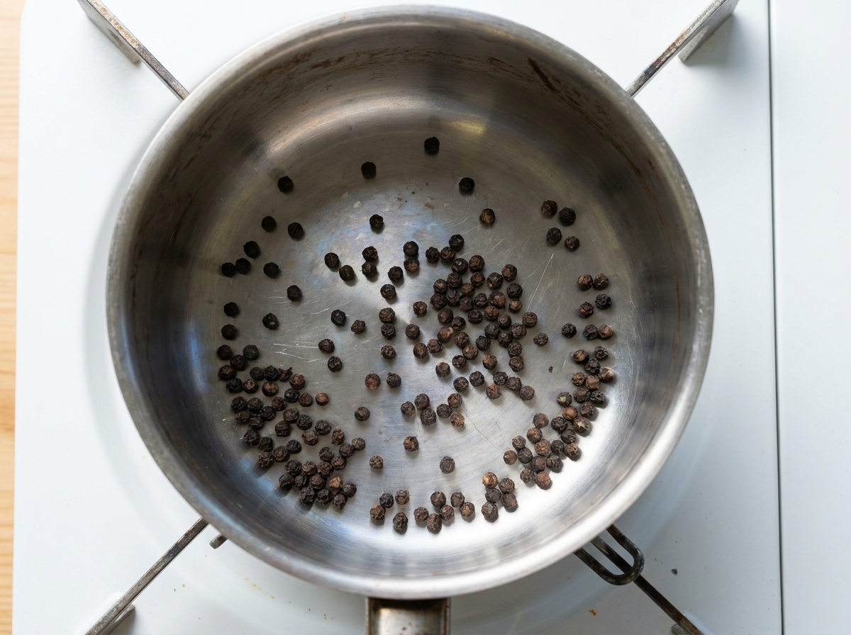 Draufsicht auf ganze schwarze Pfefferkörner am Boden eines trockenen Edelstahltopfes.