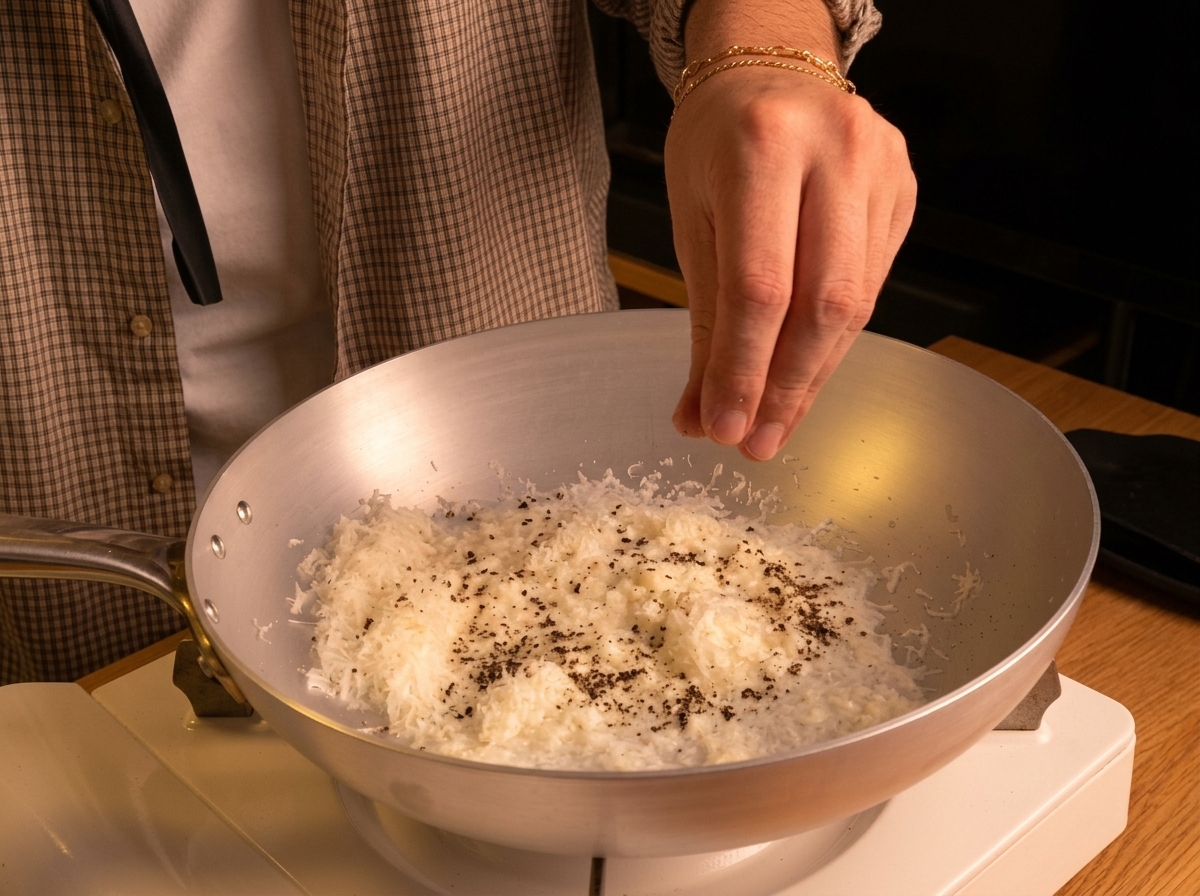 Frisch zerstoßener schwarzer Pfeffer wird über den befeuchteten Pecorino-Käse in der Kochpfanne gestreut.