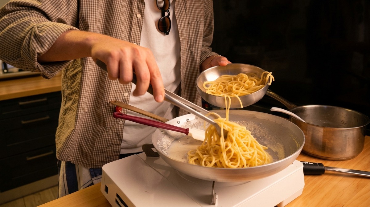 Mit einer Grillzange werden heiße, gekochte Spaghetti direkt in die Pfanne zur cremigen Käsepaste gegeben.