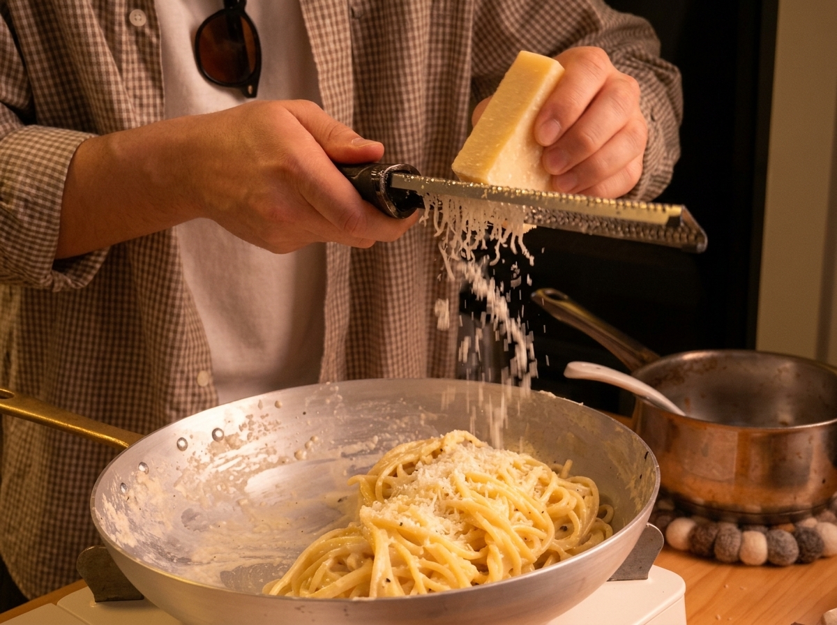 Hände reiben ein frisches Stück Pecorino über eine Pfanne mit gekochten Spaghetti.