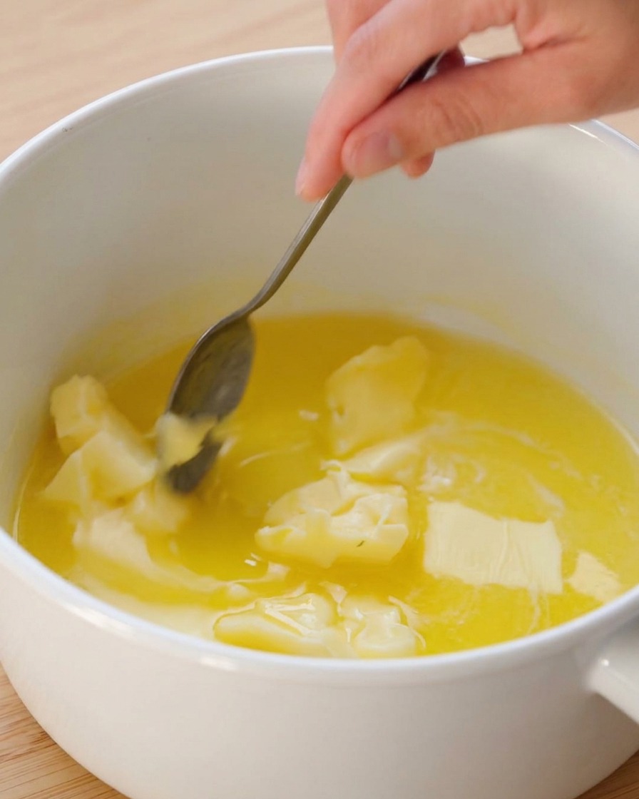 Eine Hand rührt mit einem Metalllöffel schmelzende Butterstücke in einem weißen Topf um.