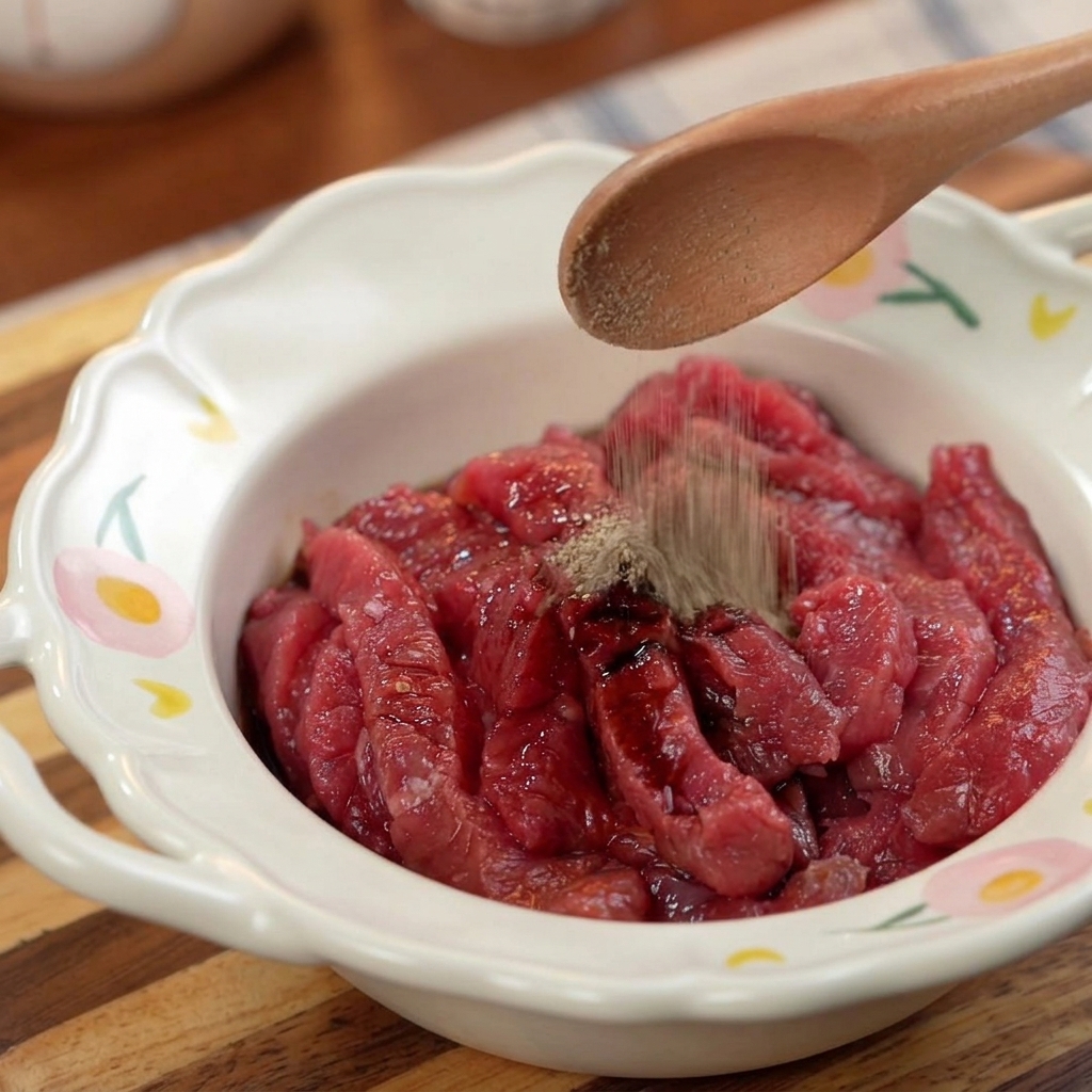 Ein Holzlöffel streut Pfeffer und Gewürze über rohes Rindfleisch in einer verzierten weißen Schüssel.