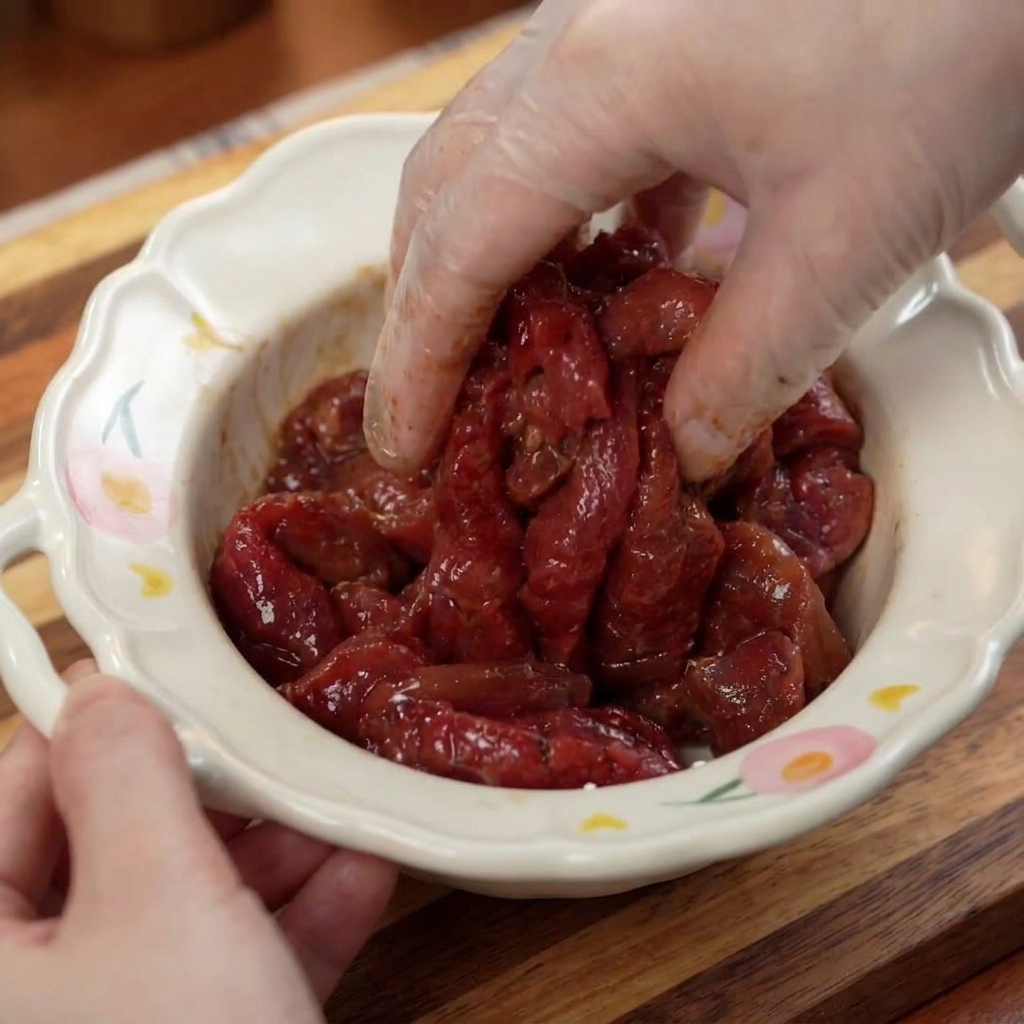 Eine Hand mischt rohe Rindfleischstreifen gründlich mit einer dunklen Marinade in einer Schüssel.