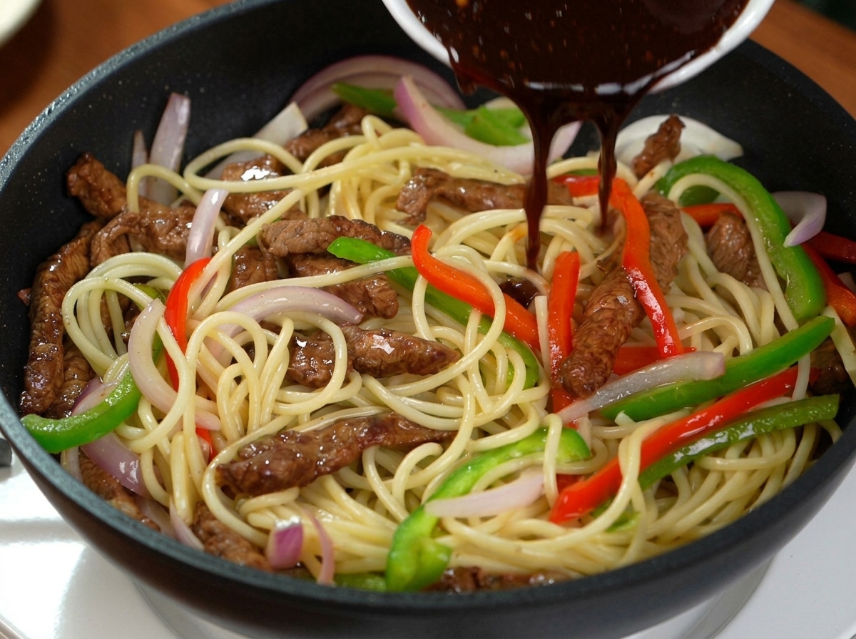 Dunkle Pfeffersauce wird über die Spaghetti und das Fleisch in der Pfanne gegossen.