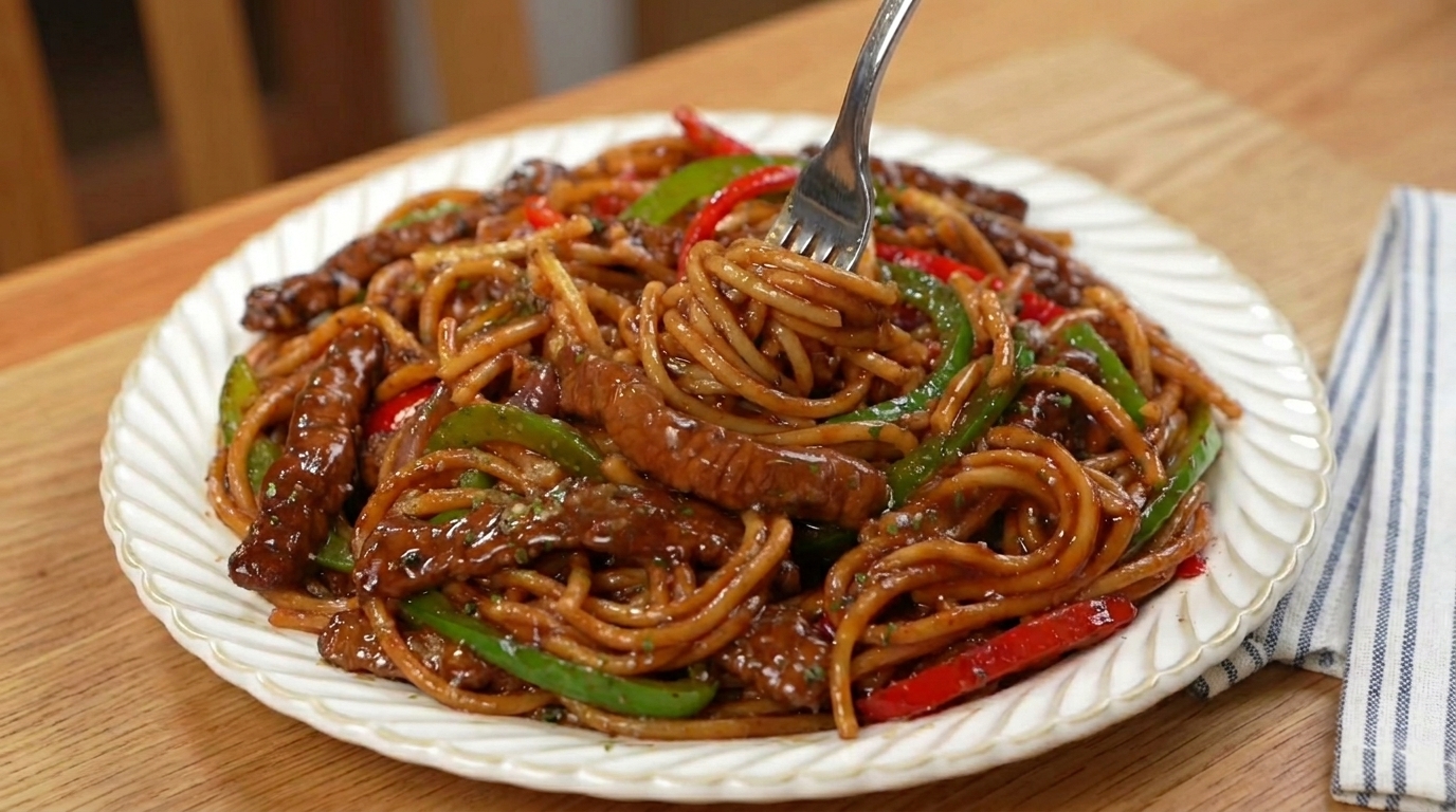 Asiatische Spaghetti mit schwarzem Pfeffer und Rindfleisch